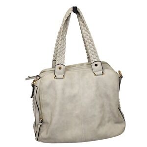 Gray Braided Handle‎ Satchel Bag Triple Zipper Multiple Pocket Purse Handbag